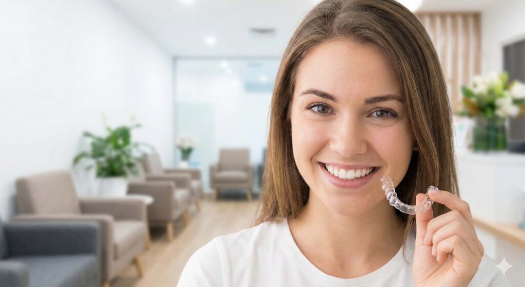大倉山アルカディア歯科の明るい待合室でインビザラインのマウスピースを持つ笑顔の女性