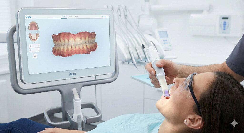 大倉山アルカディア歯科でiTero口腔内スキャナーを使い、歯並びの3Dシミュレーションを行っている様子