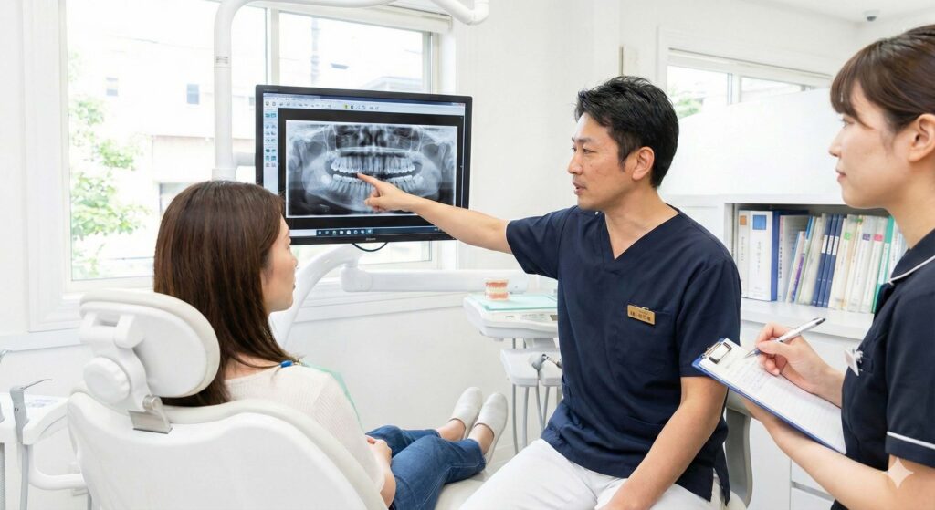 大倉山アルカディア歯科の診療室で、歯科医師とスタッフが患者様にインビザラインの治療計画を説明している