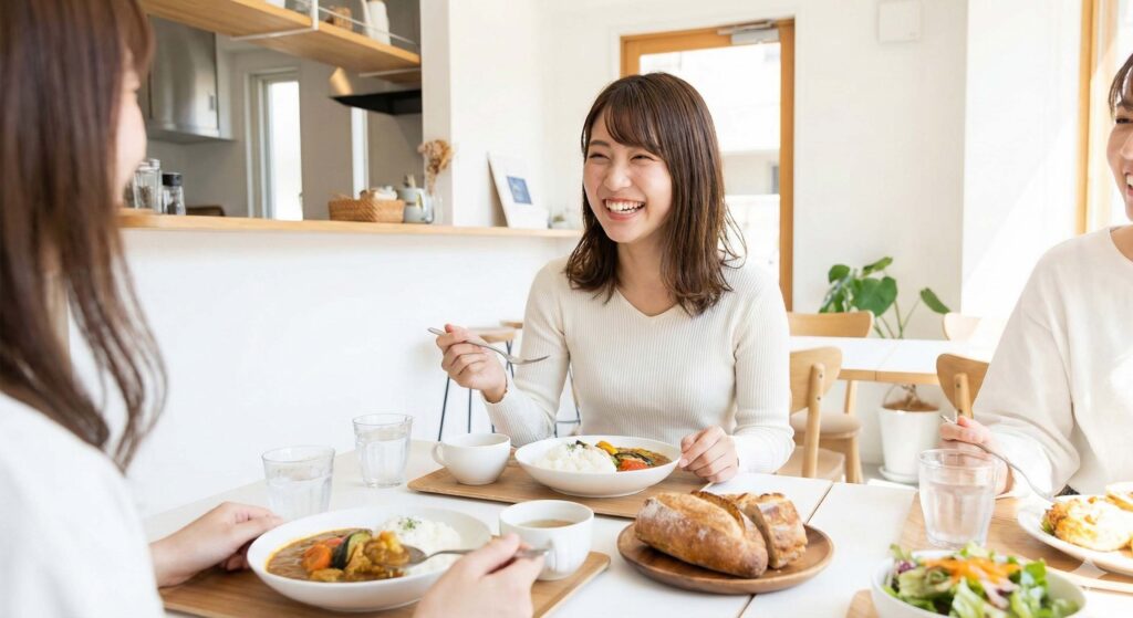 インビザライン矯正中でもカレーや硬いパンなどを制限なく楽しんで食事をする女性の笑顔。大倉山でストレスフリーな矯正治療を