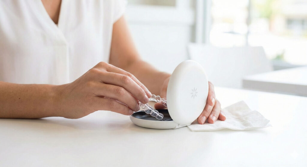 外食時にインビザラインのマウスピースを専用ケースに入れて保管する様子。ティッシュに包まず紛失を防ぐ正しい管理方法