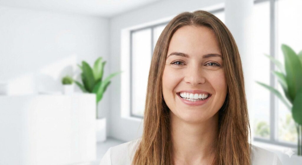 大倉山アルカディア歯科のインビザライン矯正で手に入れた、自信に満ちた笑顔。装着していてもほとんど目立たない透明なマウスピース