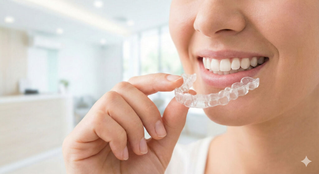 大倉山アルカディア歯科でインビザライン矯正のマウスピースを手に持ち笑顔を見せる女性