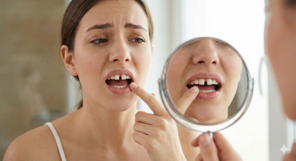 鏡を見ながら前歯のすきっ歯や歯並びの乱れを気にしている女性の様