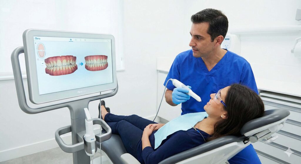 大倉山アルカディア歯科でiTeroスキャナーを使用し歯並びの3Dシミュレーション画面を確認する歯科医