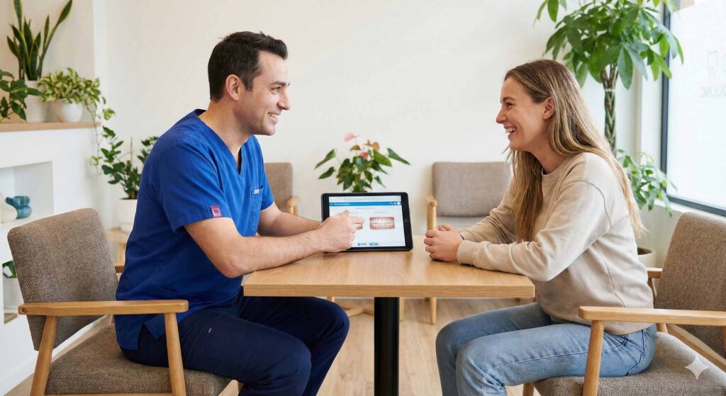 大倉山アルカディア歯科のカウンセリングルームで歯科医師と患者様が笑顔で矯正相談を行っている風景