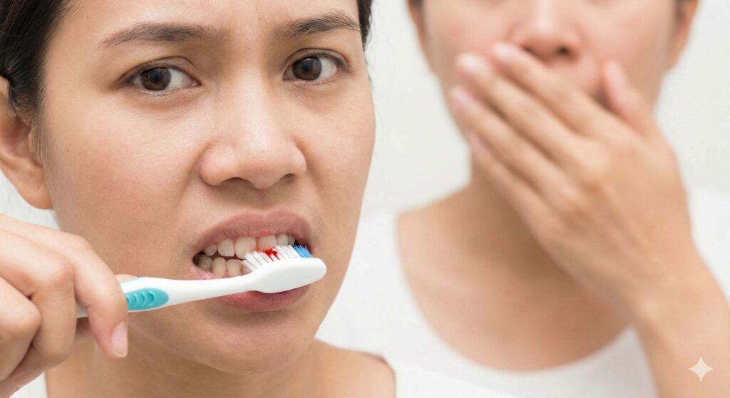 歯磨き時の歯ブラシへの出血に驚く女性と、後ろで口臭を気にして口を覆う様子。大倉山の歯科で予防歯科の相談を。インビザライン治療中も起こりうる歯周病の初期症状。