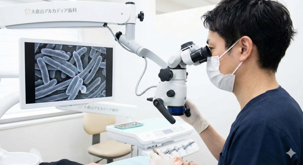 大倉山の歯科、大倉山アルカディア歯科での顕微鏡検査。モニターに映る歯周病菌の様子。予防歯科やインビザライン治療開始前に行う重要な細菌検査。