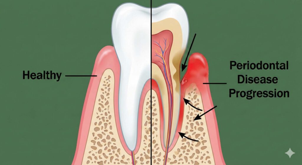 健康な歯(Healthy)と歯周病が進行した歯(Periodontal Disease Progression)の断面比較イラスト。骨吸収と歯肉炎の様子。大倉山の歯科で予防歯科に取り組み、進行を防ぐ。インビザライン治療の可否にも影響。