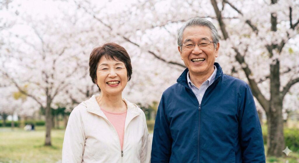 大倉山の歯科で予防歯科を始め、健康長寿を楽しむ笑顔のシニア夫婦。インビザラインなどの矯正治療後も定期検診で歯を守る。