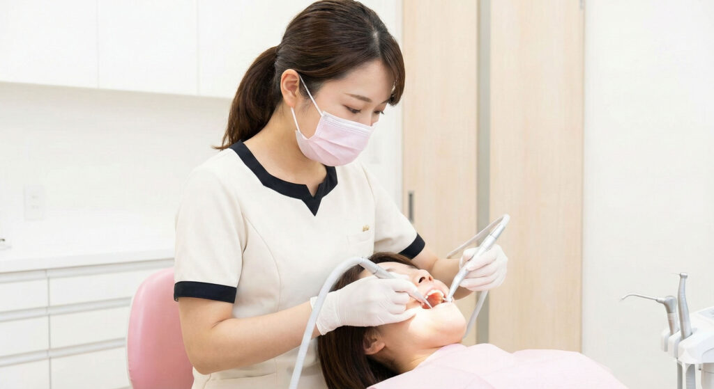 大倉山の歯科、大倉山アルカディア歯科の歯科衛生士によるPMTC(徹底的なクリーニング)。予防歯科のプロケアでバイオフィルムを除去。インビザライン治療中のメンテナンスにも最適。