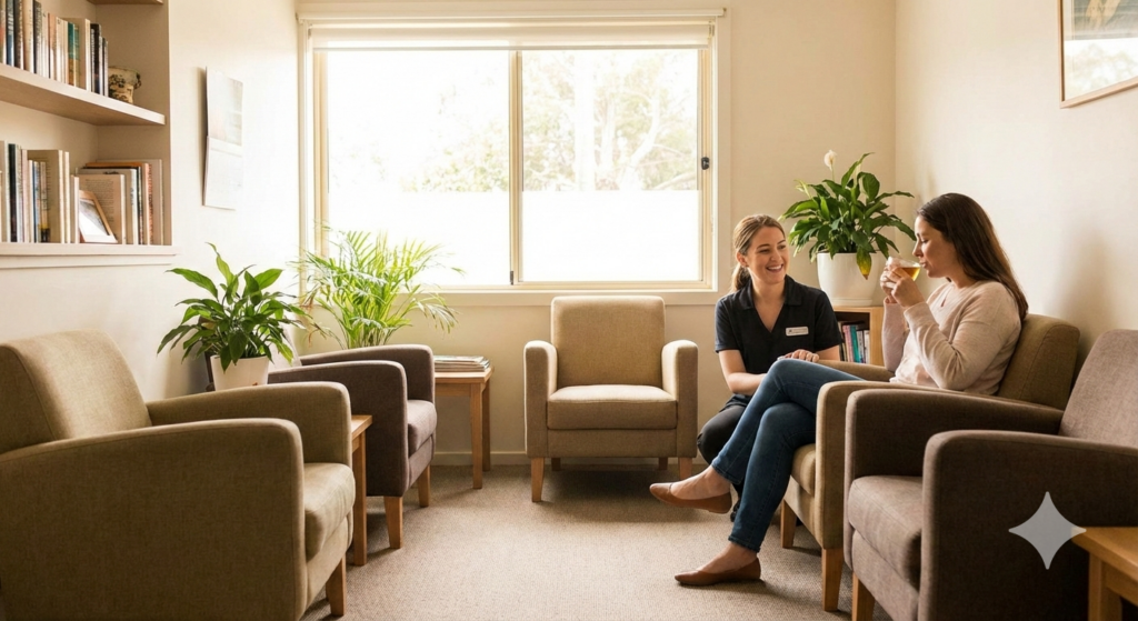 大倉山アルカディア歯科の明るく温かい待合室で、リラックスして笑顔を見せる女性患者様