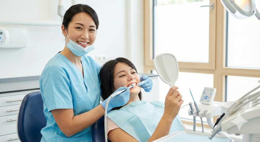 痛くない治療のために定期検診を受ける患者様と、笑顔で対応する大倉山アルカディア歯科の歯科衛生士