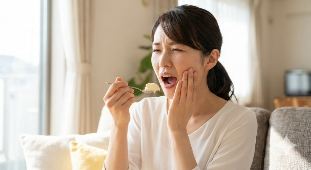 アイスクリームを食べて歯がしみて、頬に手を当てて顔をしかめる日本人女性