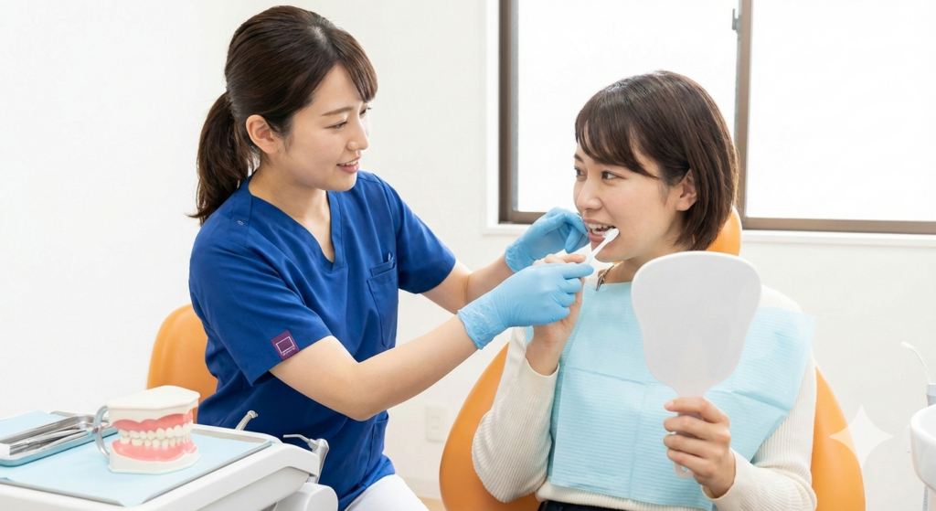 大倉山アルカディア歯科で歯科衛生士から正しい歯ブラシの当て方の指導を受けている日本人女性