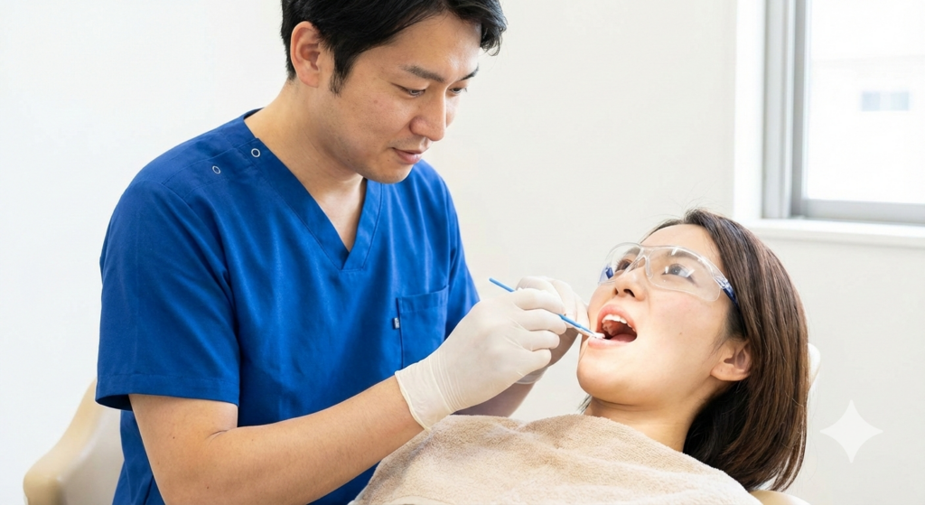 大倉山アルカディア歯科で知覚過敏の治療として歯にコーティング剤を塗布している様子