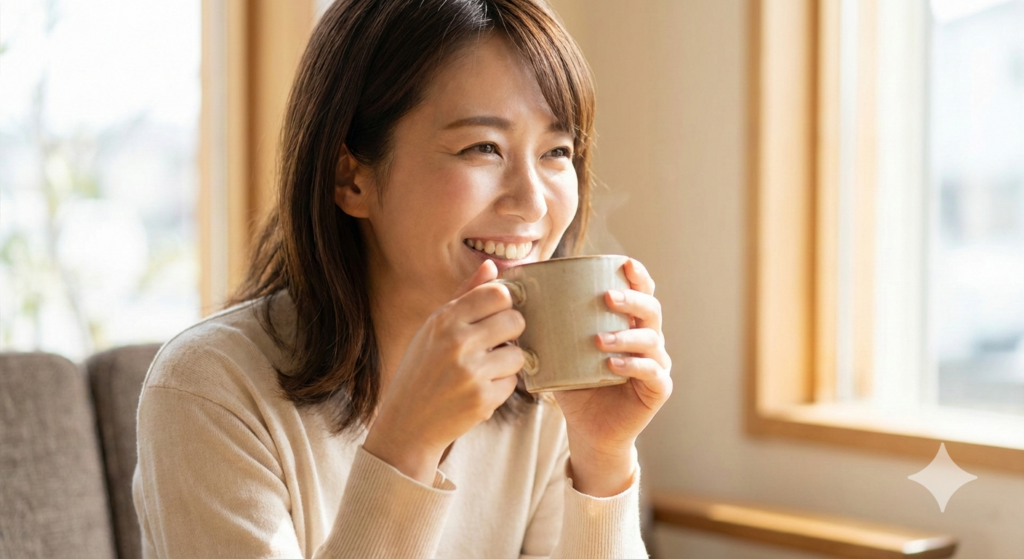 知覚過敏の治療後、温かい飲み物を飲んでリラックスして笑顔を見せる日本人女性