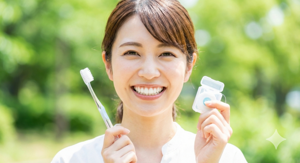 大倉山の予防歯科で推奨される正しいセルフケアを実践し、健康で白い歯を見せて笑う日本人女性