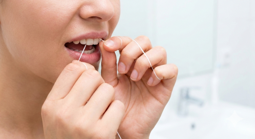 虫歯予防のために歯ブラシでは届かない歯間の汚れをデンタルフロス（糸ようじ）で清掃している様子