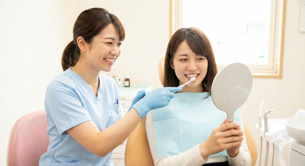 大倉山アルカディア歯科の歯科衛生士が、患者様に合わせた正しい歯磨き方法を手鏡を見ながら丁寧に指導している風景