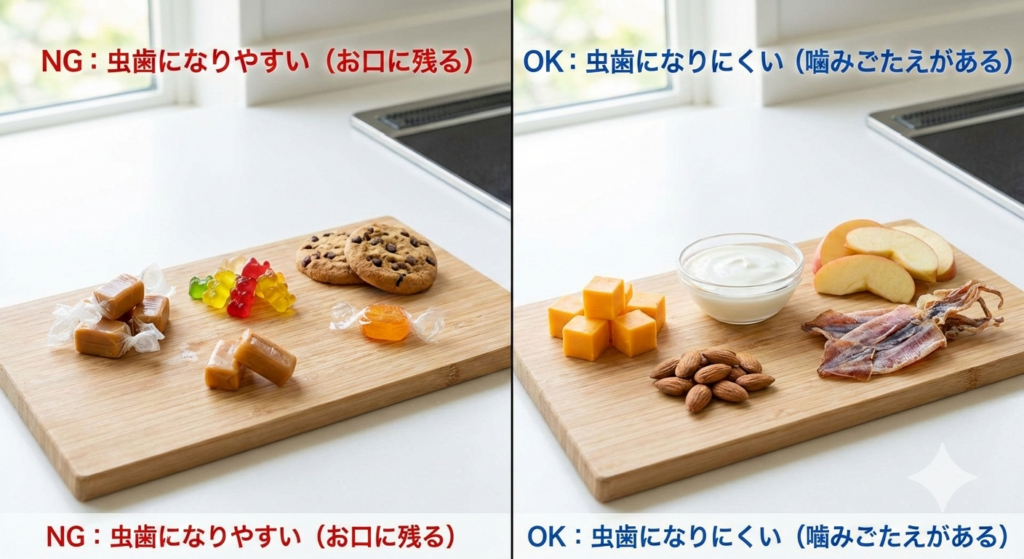 左：虫歯リスクが高い粘着性のあるおやつ（キャラメル等）。右：予防歯科視点でおすすめの虫歯になりにくいおやつ（ナッツ、チーズ等）の比較写真。
