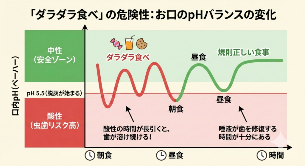 虫歯の原因となる「ダラダラ食べ」と口内pHの変化を示す図解。酸性状態が続くと歯が溶け出すリスクを説明するイラスト。