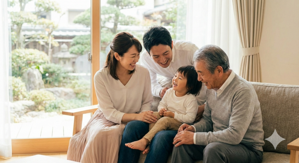 口臭の悩みが解消され、家族と笑顔で会話を楽しむ様子。大倉山の予防歯科で実現する爽やかな息。