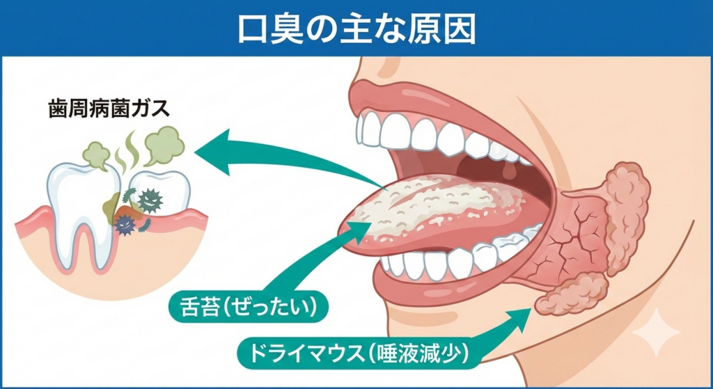 口臭の主な原因を図解したイラスト:歯周病菌によるガス発生、舌苔の蓄積、唾液減少(ドライマウス)のメカニズム。