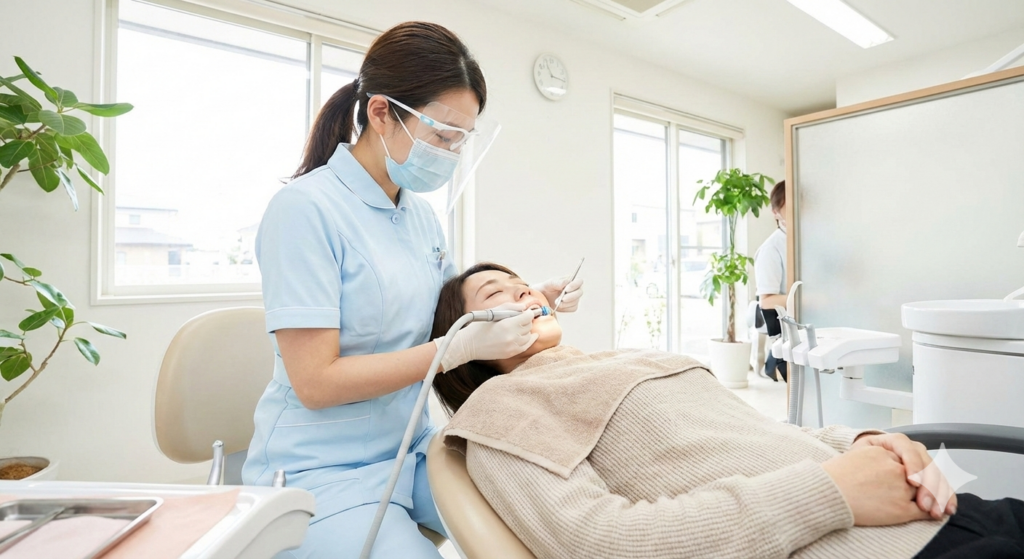 大倉山アルカディア歯科の歯科衛生士による丁寧なPMTC(専門的クリーニング)の様子。歯周病菌を除去し口臭を根本対策。