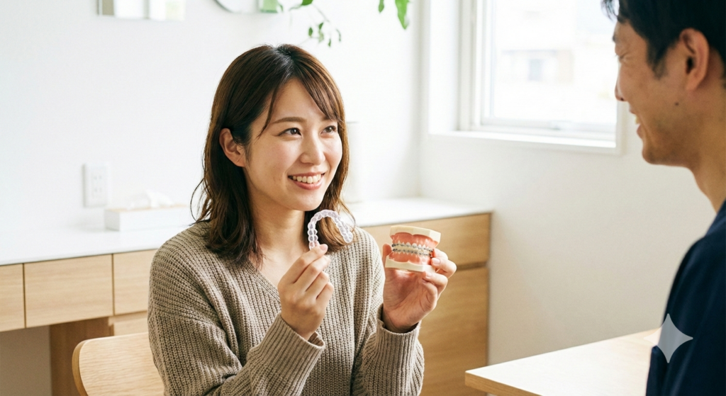 大倉山の矯正歯科でインビザラインとワイヤー矯正のメリット・デメリットを比較検討する女性の様子。