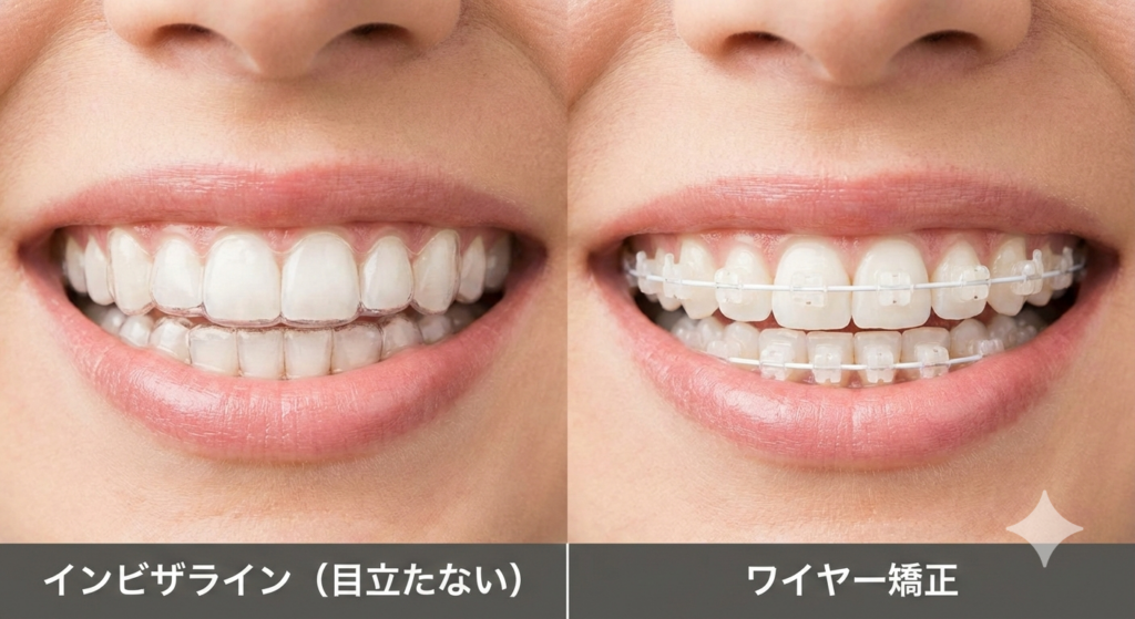 インビザライン（マウスピース矯正）とワイヤー矯正の見た目の比較写真。目立たないメリットの強調。