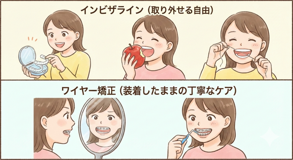矯正中のライフスタイル比較イラスト。取り外せるインビザラインの食事のメリットと、ワイヤー矯正の丁寧な歯磨きの様子。