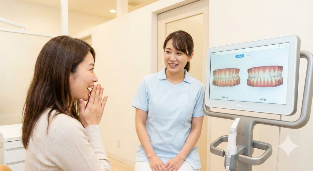 大倉山アルカディア歯科でのiTeroを使った歯並びシミュレーション。インビザラインとワイヤー矯正の比較相談の様子。