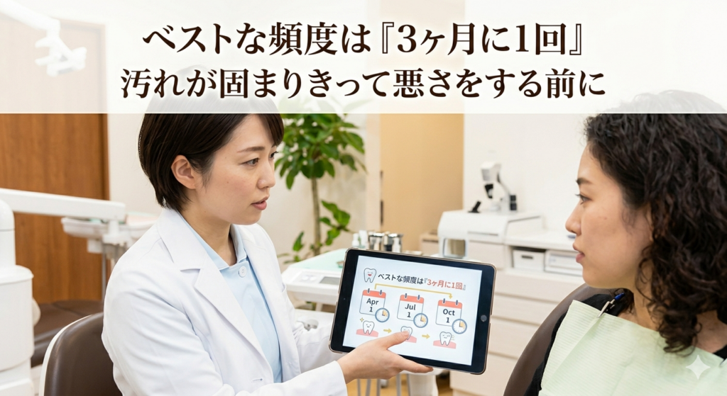 大倉山の歯科医院で、歯科医師が患者に3ヶ月ごとの定期検診カレンダーを使って説明する様子。大倉山での予防歯科。