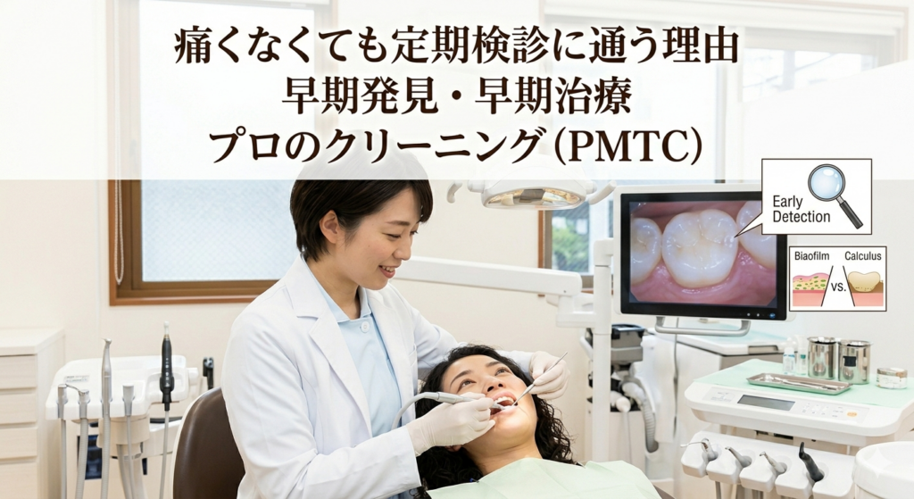 大倉山の歯科医院で、歯科医師が患者の歯をクリーニング(PMTC)する。モニターで早期発見の重要性を説明。大倉山の歯科治療