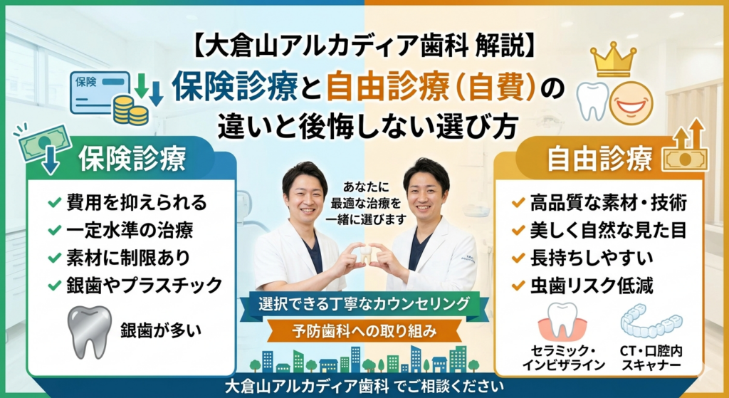 大倉山アルカディア歯科が、保険診療(費用が安い、銀歯など)と自由診療(セラミック、最新設備、美しさ)の違いとメリット・デメリットを分かりやすく比較した図解。大倉山で自分に合った歯医者を選ぶための参考に