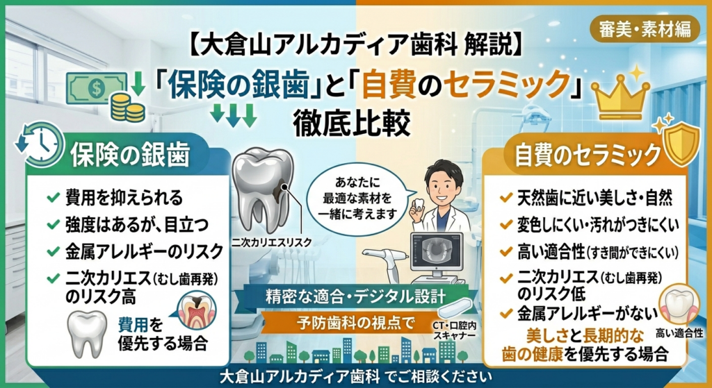 大倉山アルカディア歯科による、保険の銀歯と自費のセラミックの徹底比較図。金属アレルギーや二次虫歯(二次カリエス)のリスクと、セラミックの適合性や美しさ、長持ちする理由について解説