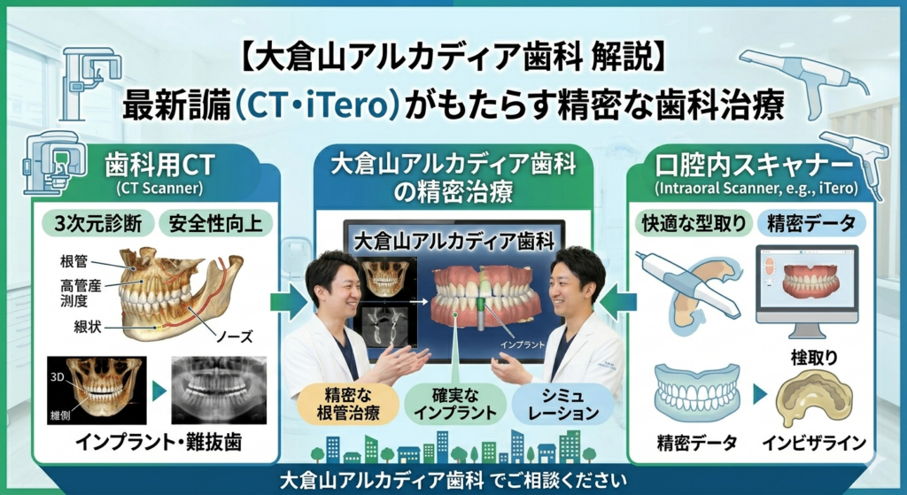大倉山アルカディア歯科が導入する最新設備、歯科用CTと口腔内スキャナー(iTero)がもたらす、精密な診断とシミュレーション、インプラント治療、インビザライン矯正の図解