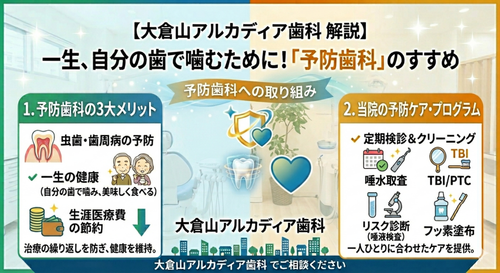 大倉山アルカディア歯科が推奨する予防歯科の3大メリット(一生の健康、生涯医療費の節約)と、定期検診、プロによるクリーニング(TBI/PTC)、フッ素塗布などの具体的なケアプログラムの紹介