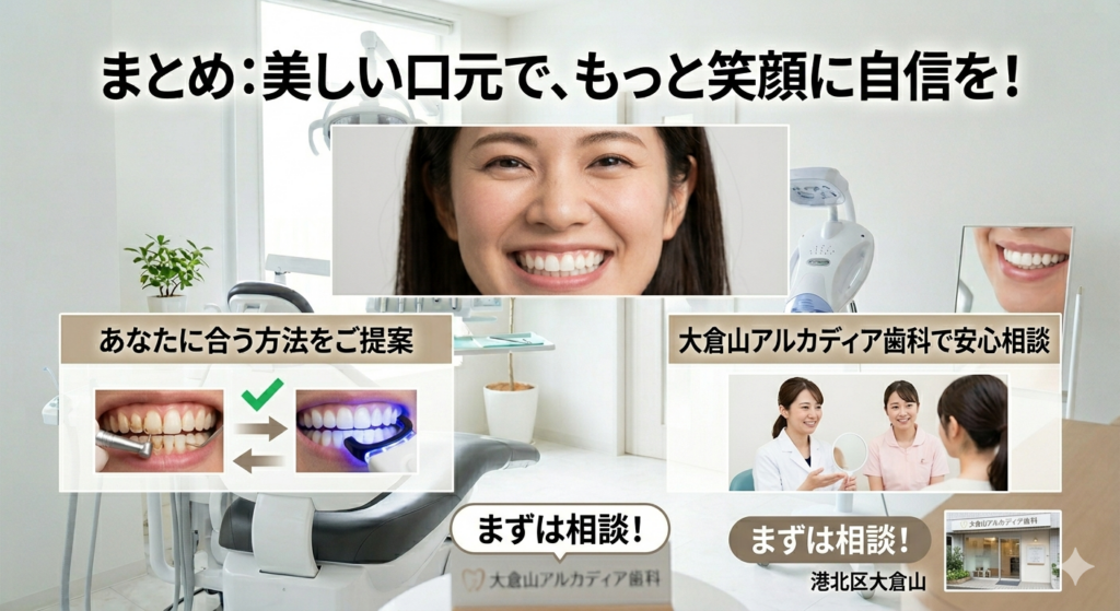 美しい口元で笑顔に自信を。港北区の大倉山アルカディア歯科が提案するクリーニング・ホワイトニング相談のご案内