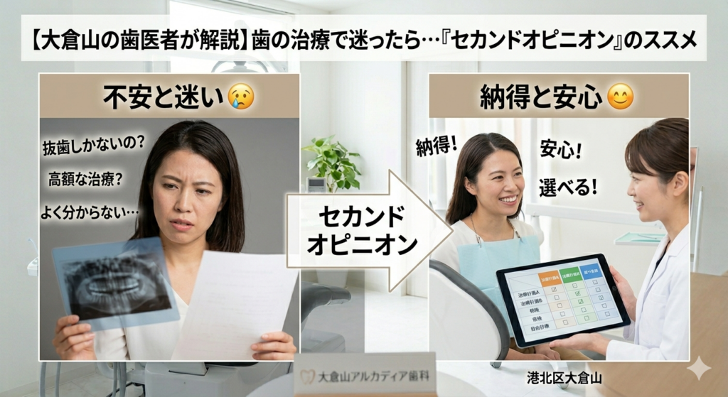 歯の治療方針に対する不安や迷いを、納得と安心に変える『セカンドオピニオン』のイメージ｜大倉山の歯医者