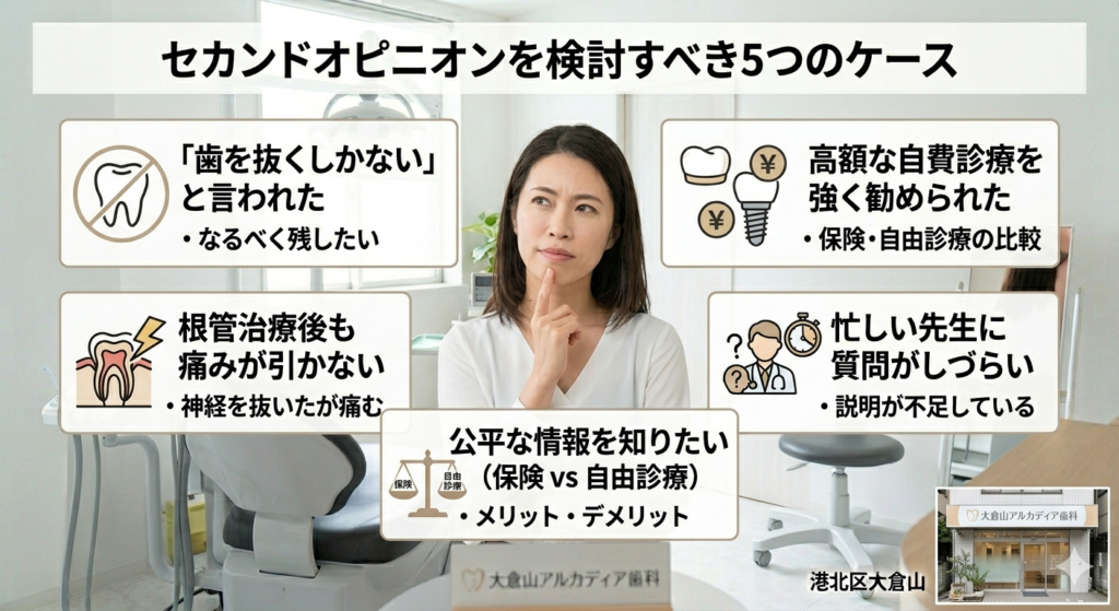 抜歯の宣告や高額な自費診療の提案など、歯科医院でセカンドオピニオンを検討すべき5つの代表的なケース