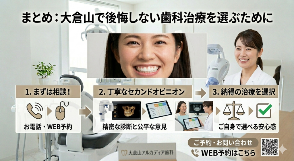 後悔しない歯科治療を選ぶためのステップ。港北区の大倉山アルカディア歯科へのセカンドオピニオン相談・WEB予約のご案内