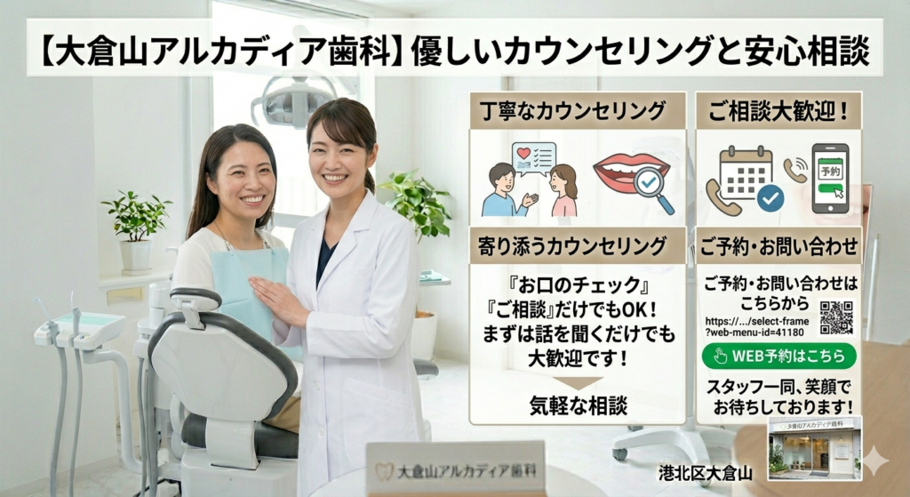 大倉山で痛みに配慮した歯科医院をお探しなら。患者様に寄り添う丁寧なカウンセリングとWEB予約のご案内