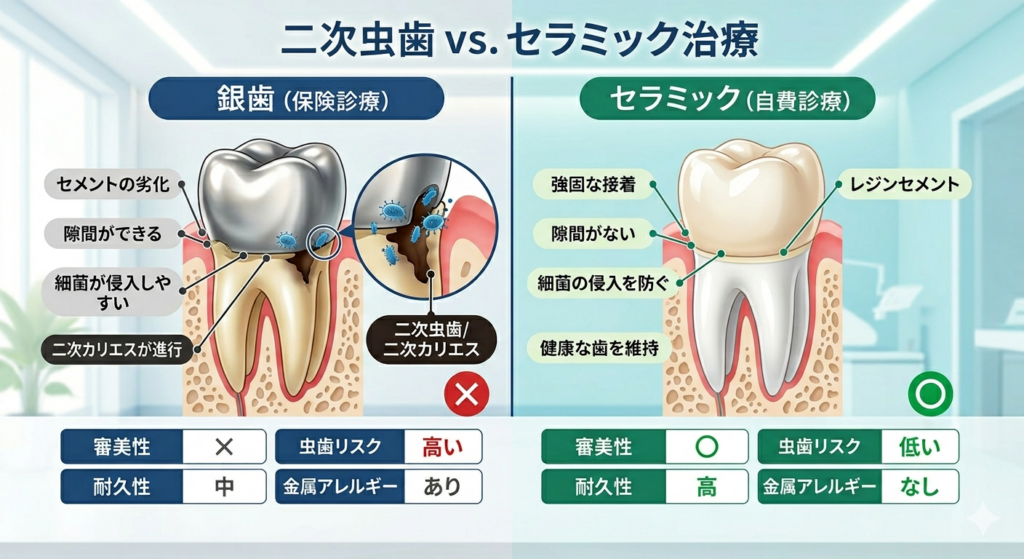 大倉山 歯科のセラミック治療：銀歯とセラミックの違いを徹底比較！二次虫歯リスクや審美性を分かりやすく解説した表です。