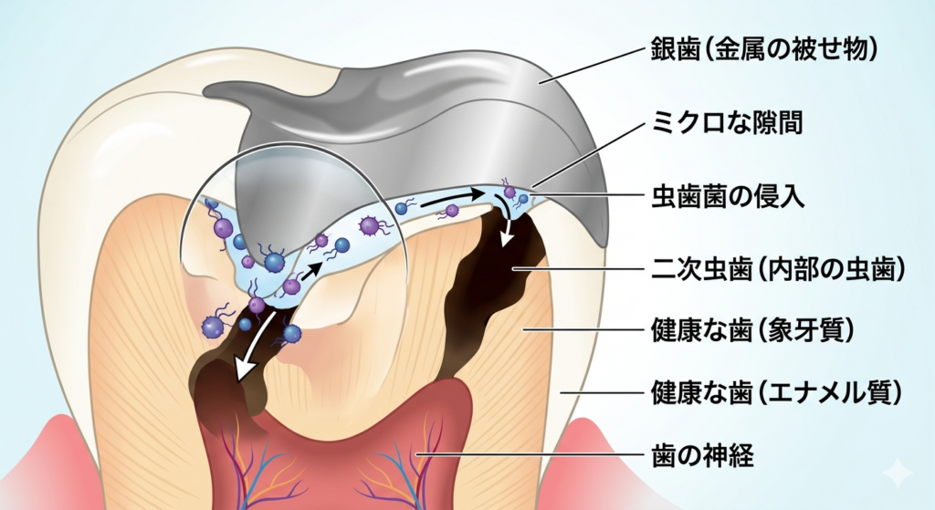 大倉山 歯科が解説：銀歯の隙間から虫歯菌が侵入！内部で進行する『二次虫歯』のメカニズムを視覚化したイラスト図解です。