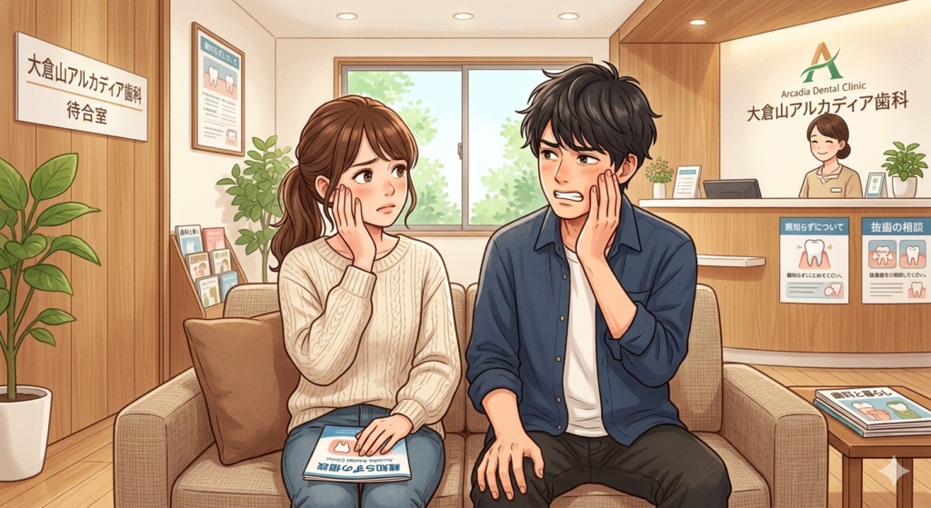 大倉山アルカディア歯科の待合室で、親知らずの痛みに悩む男女のイラスト。