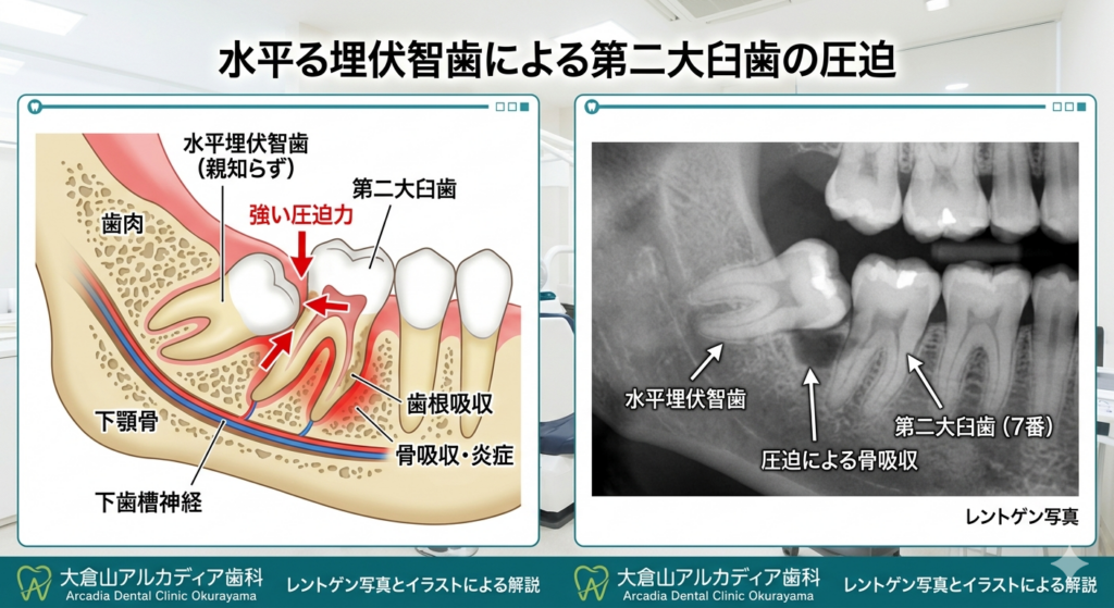 大倉山の歯科医が解説する、横向きの親知らずが手前の歯を圧迫する仕組みの図解とレントゲン写真。