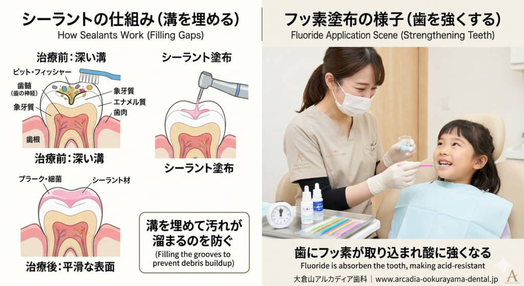 大倉山アルカディア歯科の小児歯科で行う、シーラントの仕組み図解とフッ素塗布の様子。