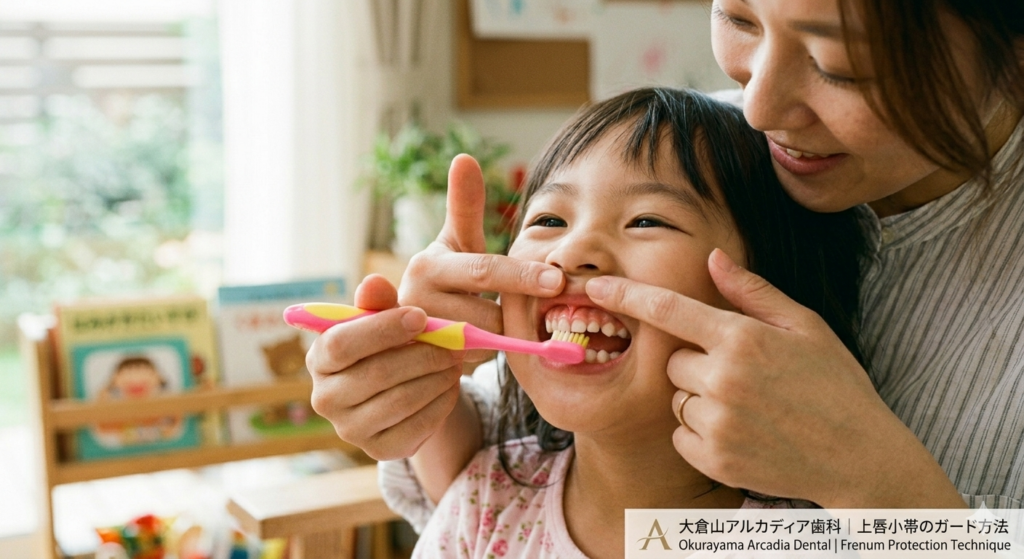 大倉山の歯科医が教える痛がらない仕上げ磨き。指で上唇小帯をガードする方法です。